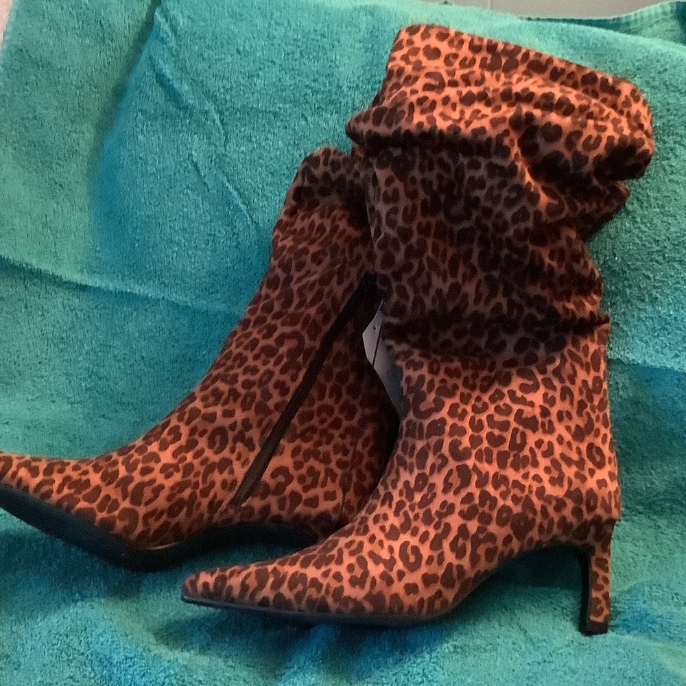 Time and Tru Leopard Print Slouch Pointed Toe Mid Heel Boots - Brown